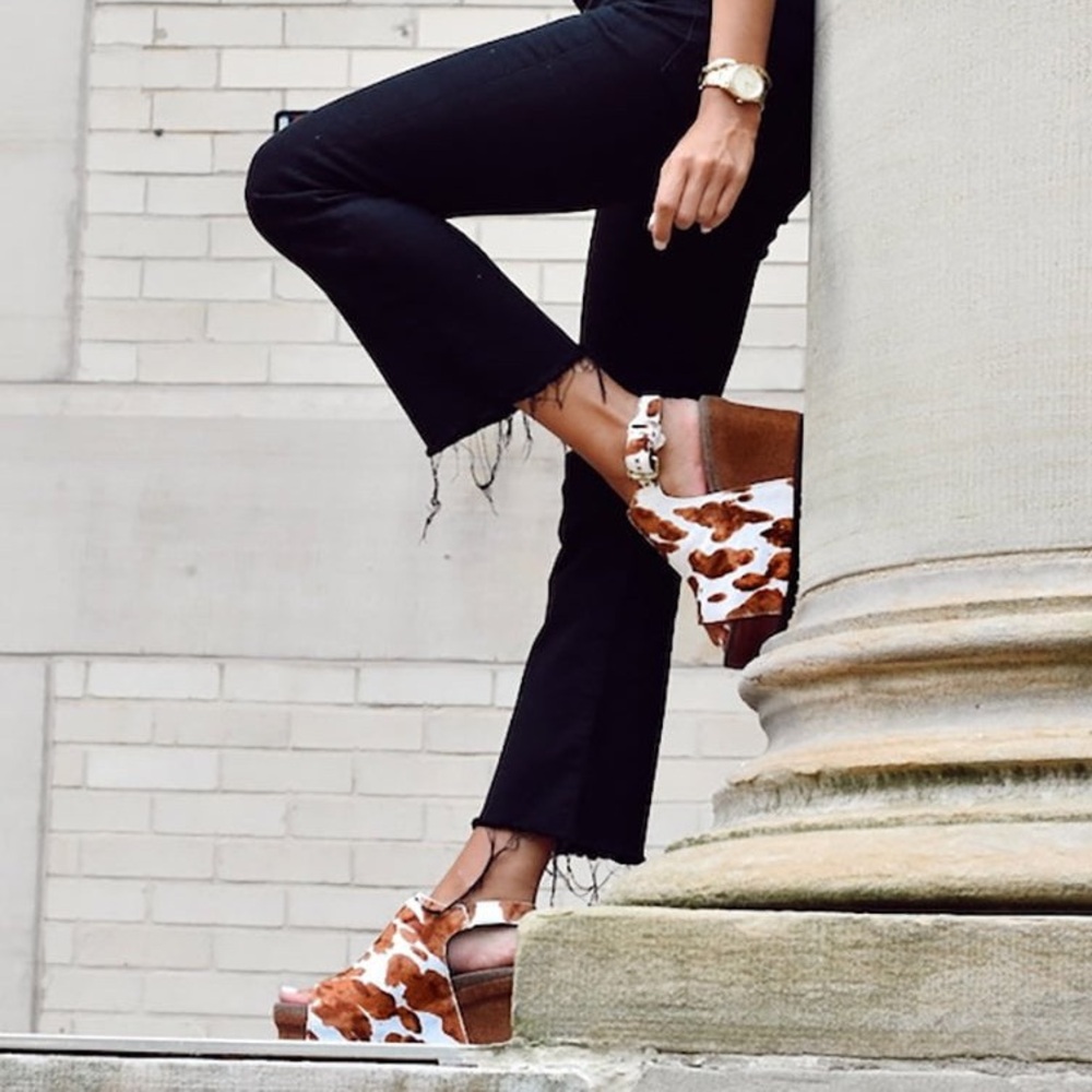 OBT JAUNT Cowhide Platform Wedge Sandals Real Calf Hair Leather Boho Western 10